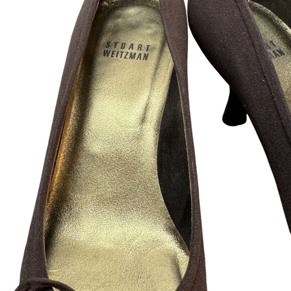 Stuart Weitzman Brown Kitten Heel Pumps W/ Rhinestone Bow Accents Size 7.5 M - Picture 2 of 6